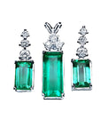 Set of natural colombian emerald earrings with diamond tops, crafted in 14k white gold fine jewelry