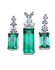 Set of natural colombian emerald earrings with diamond tops, crafted in 14k white gold fine jewelry