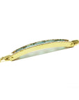14K yellow gold bracelet with a curved bar featuring five rectangular bluish-green emeralds and small diamonds.