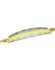 14K yellow gold bracelet with a curved bar featuring five rectangular bluish-green emeralds and small diamonds.