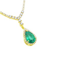 right side of pear cut natural Muzo mine emerald necklace real Colombian emerald crafted in 18k yellow gold
