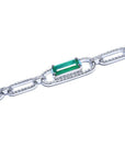 14K white gold paperclip bracelet with a vibrant emerald-cut emerald and diamond halo.
