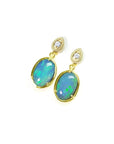Oval Australian opal earrings with bluish-green play of color, dangling diamond studs, set in 14K yellow gold.
