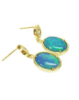 Solid Australian opal earrings with bluish-green play of color, 14K yellow gold, and dangling diamond studs.