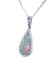 Pear-shaped Australian opal pendant with red-orange play of color, set in 18k white gold with diamonds.