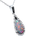 Pear-shaped Australian opal pendant with red-orange play of colors, set in 18k white gold with diamonds.