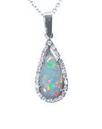 This pear opal pendant necklace displays a white gold and diamond frame on a topside view.