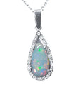 Pear-shaped Australian white opal pendant with red-orange play of color, set in 18k white gold with diamond halo.