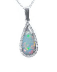 Pear-shaped Australian white opal pendant with red-orange play of color, set in 18k white gold with diamond halo.