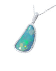 8.17 ct Australian opal pendant with blue-green play of color, halo diamonds, and 18K white gold chain.