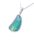 8.17 ct Australian opal pendant with blue-green play of color, halo diamonds, and 18K white gold chain.