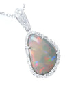 4.78 ct. Australian opal pendant with red/orange flashes, halo diamonds, 18K white gold.