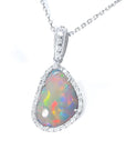 4.78 ct. solid Australian opal pendant with red/orange flashes, halo diamonds, and 18K white gold chain.