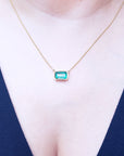 Mother's Day gift Emerald necklace for sale east-west orientation handcrafted in 18k yellow gold