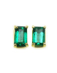 Pair of emerald solitaire stud earrings, font position top view.