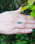 Hand displaying a yellow gold emerald solitaire stud earrings with a natural background of green leaves
