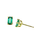 Emerald cut emerald stud earrings, 0.78 ct, in 14K yellow gold basket setting with push backs.