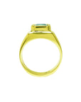 1.53 ct. square emerald bezel set in 18K yellow gold solitaire ring, viewed from the side.
