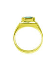 1.53 ct. square emerald bezel set in 18K yellow gold solitaire ring, viewed from the side.