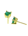 Pair of square emerald stud earrings in 14K yellow gold with basket settings.