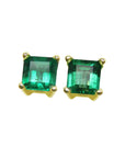 14k yellow gold square emerald stud earrings, top side view.