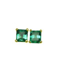 Pair of square emerald stud earrings in 14K yellow gold with basket settings.