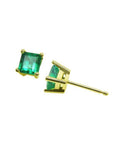 Pair of square emerald stud earrings in 14K yellow gold, featuring vibrant green gemstones.