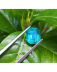 3.17 ct GIA certified natural loose Colombian emerald, medium-deep green, held by tweezers against green leaves.