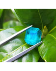 3.17 ct. GIA certified natural loose Colombian emerald held by tweezers on green leaves.