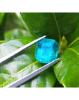 3.17 ct. GIA certified natural loose Colombian emerald held by tweezers on green leaves.
