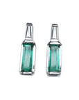 Two Greenfire 14k white gold baguette cut emerald stud earrings, front position top view.