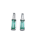 Two Greenfire 14k white gold baguette cut emerald stud earrings, front position top view.