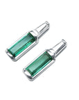 Pair of earrings with baguette emerald and diamond studs, left side position top and profile view.