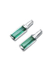 Pair of earrings with baguette emerald and diamond studs, left side position top and profile view.