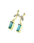 14K gold stud emerald leaf earrings with rectangular Colombian emeralds and diamonds.