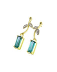 14K gold stud emerald leaf earrings with rectangular Colombian emeralds and diamonds.