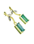 14k yellow gold rectangular emerald-cut natural colombian emerald earrings.