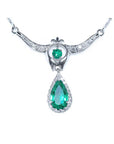 Emerald jewelry necklace pear-shaped Muzo mine accented by natural diamonds.