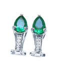 Pair of emerald pear cut colombian emerald clip-on earrings white gold front and side positions view