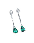 14k white gold Colombian emerald dangle earrings with pear shaped front position top side view