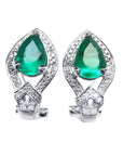 Pair of teardrop natural colombian emerald clip-on earrings with halo diamonds in 14k white gold.
