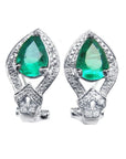 Pair of teardrop natural colombian emerald clip-on earrings with halo diamonds in 14k white gold.