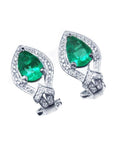 Pair of 14K gold clip/post earrings with pear-shaped Colombian emeralds and diamond accents.