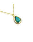 Natural teardrop Colombian emerald necklace, in a halo diamond for women, crafted in 14k yellow gold.