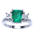 Three stone emerald women's ring engagement ring natural Muzo mine Colombia emerald-cut princess cut side natural diamonds