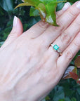 Hand wearing an emerald three stone ring against a green leafy background.