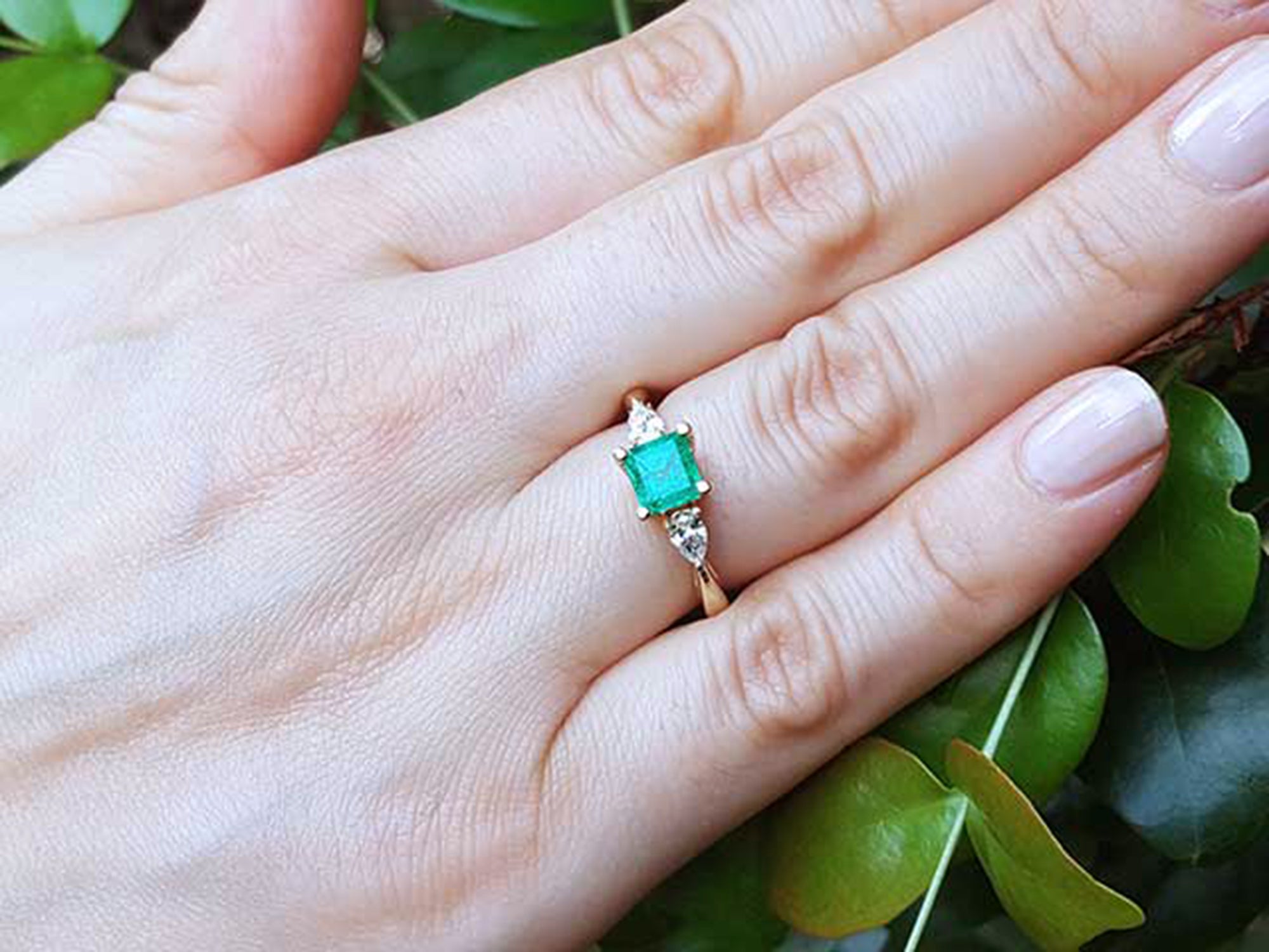 Hand wearing a ring with an emerald stone against a green leaf background.