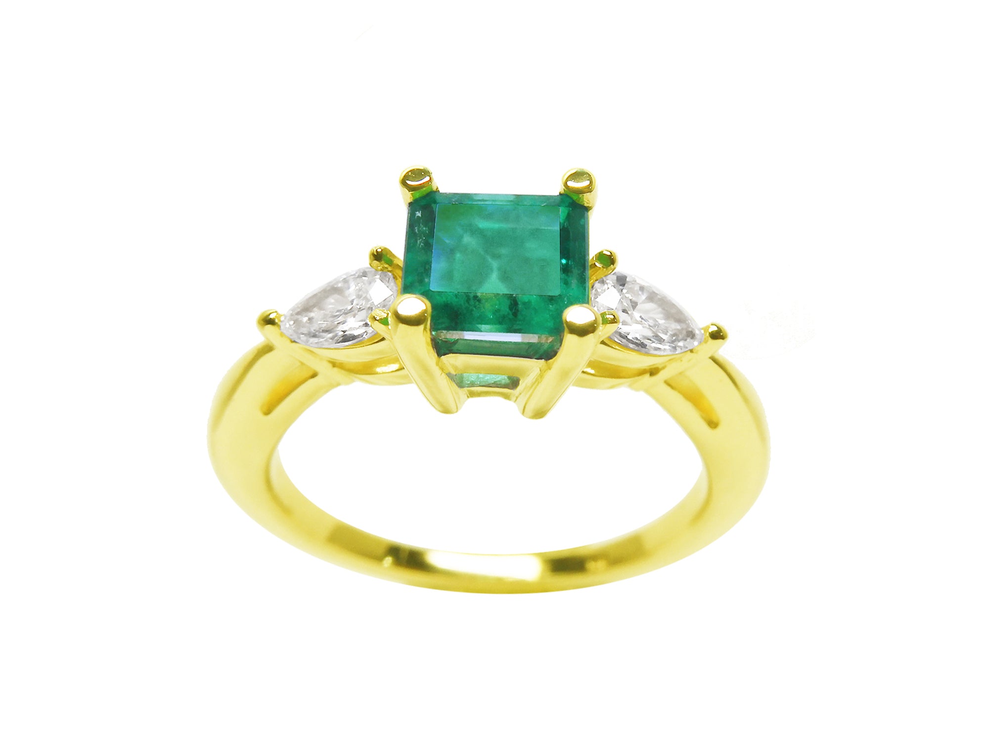 Emerald top view with diamond side ring for Mother's Day gift in yellow gold.