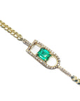The topside view of a natural Colombian emerald bracelet for women in 14K Yellow Gold.