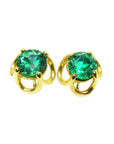 14k yellow gold tulip emerald stud earrings front position top view.